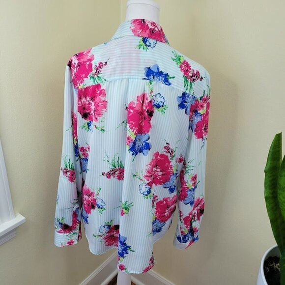 Chico’s Striped Floral Print Blouse Roll Tab Sleeve Pink Blue Women’s Size L - Picture 5 of 13